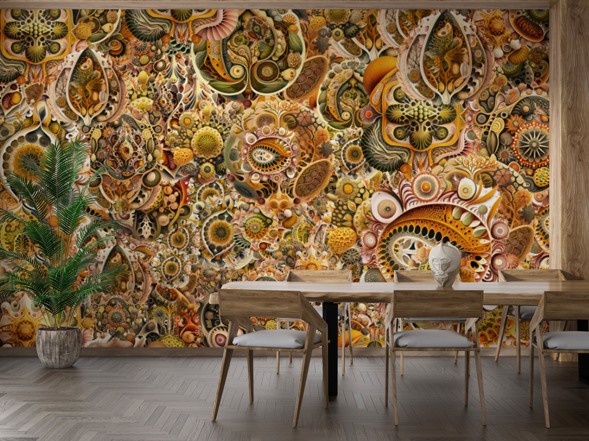 Stunning yellow-brown abstract Haeckel wallpaper mural for modern interiors. DTIL11