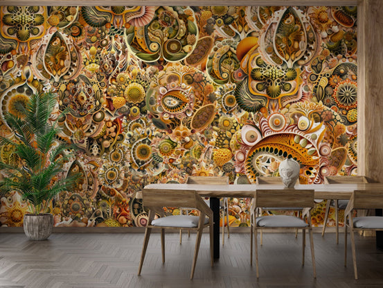 Stunning yellow-brown abstract Haeckel wallpaper mural for modern interiors. DTIL11