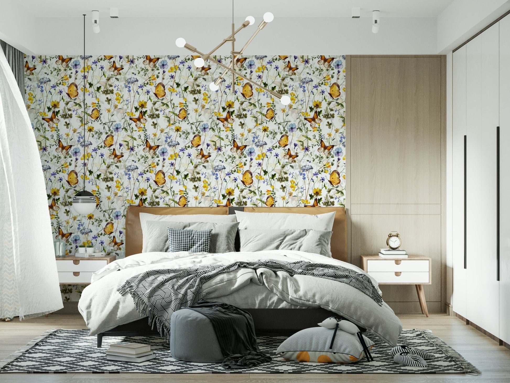 Bright Yellow Butterfly Meadow room accent wallpaper design.