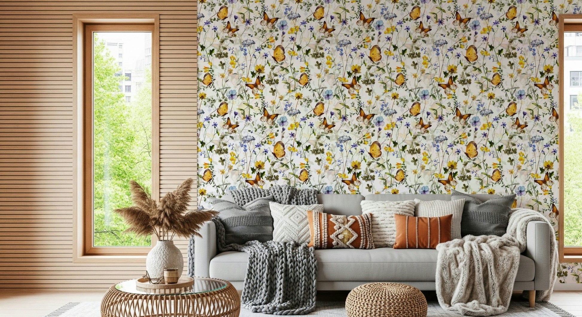 Yellow Butterfly Meadow watercolor floral wall mural pattern.