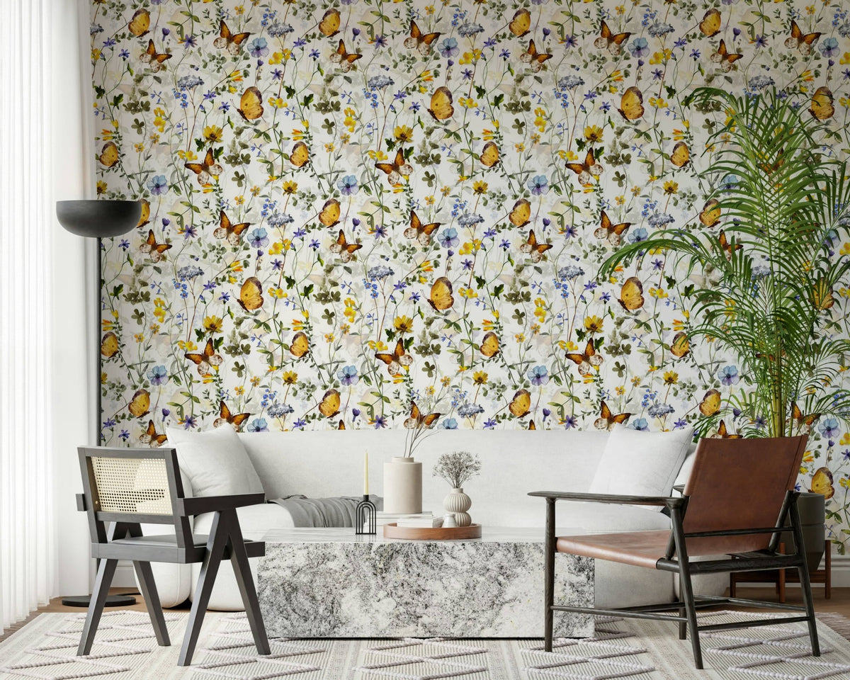 Lush floral Yellow Butterfly Meadow wall sticker decal., GD7180