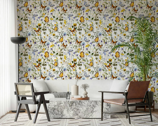Lush floral Yellow Butterfly Meadow wall sticker decal.