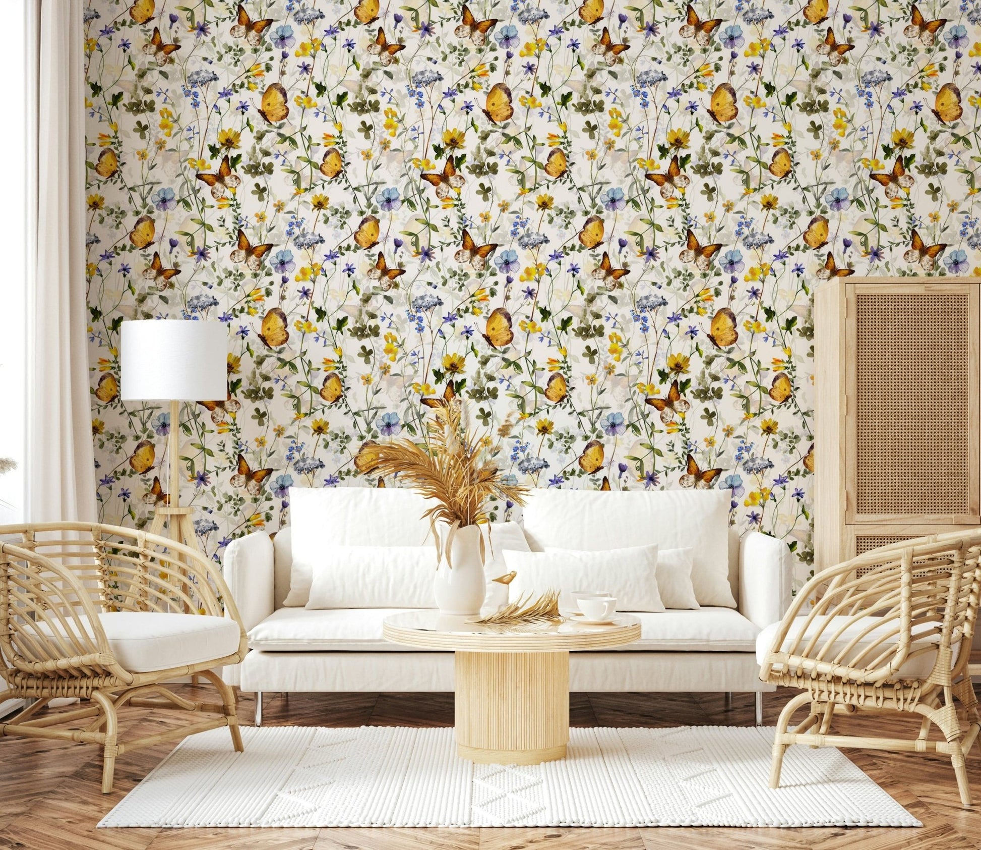 Vibrant watercolor Yellow Butterfly Meadow home interior design.