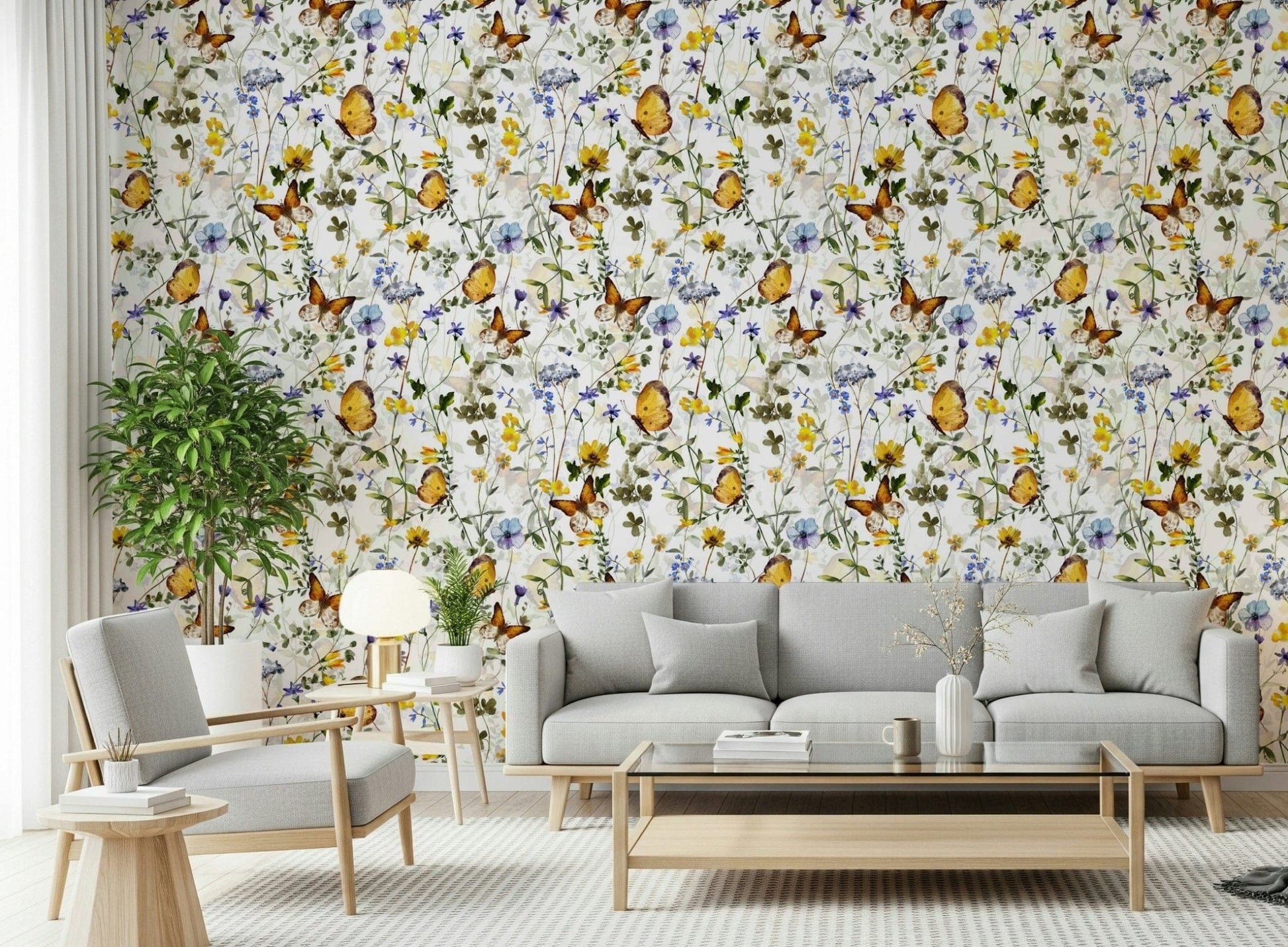 Golden butterflies Yellow Butterfly Meadow feature wall print.