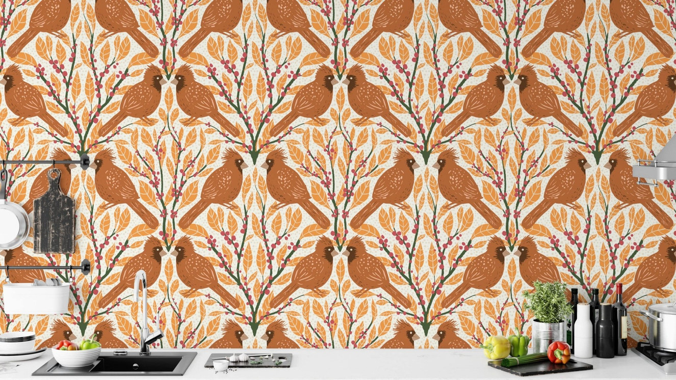 Nature-inspired yellow cardinals wallpaper for cozy living spaces.
