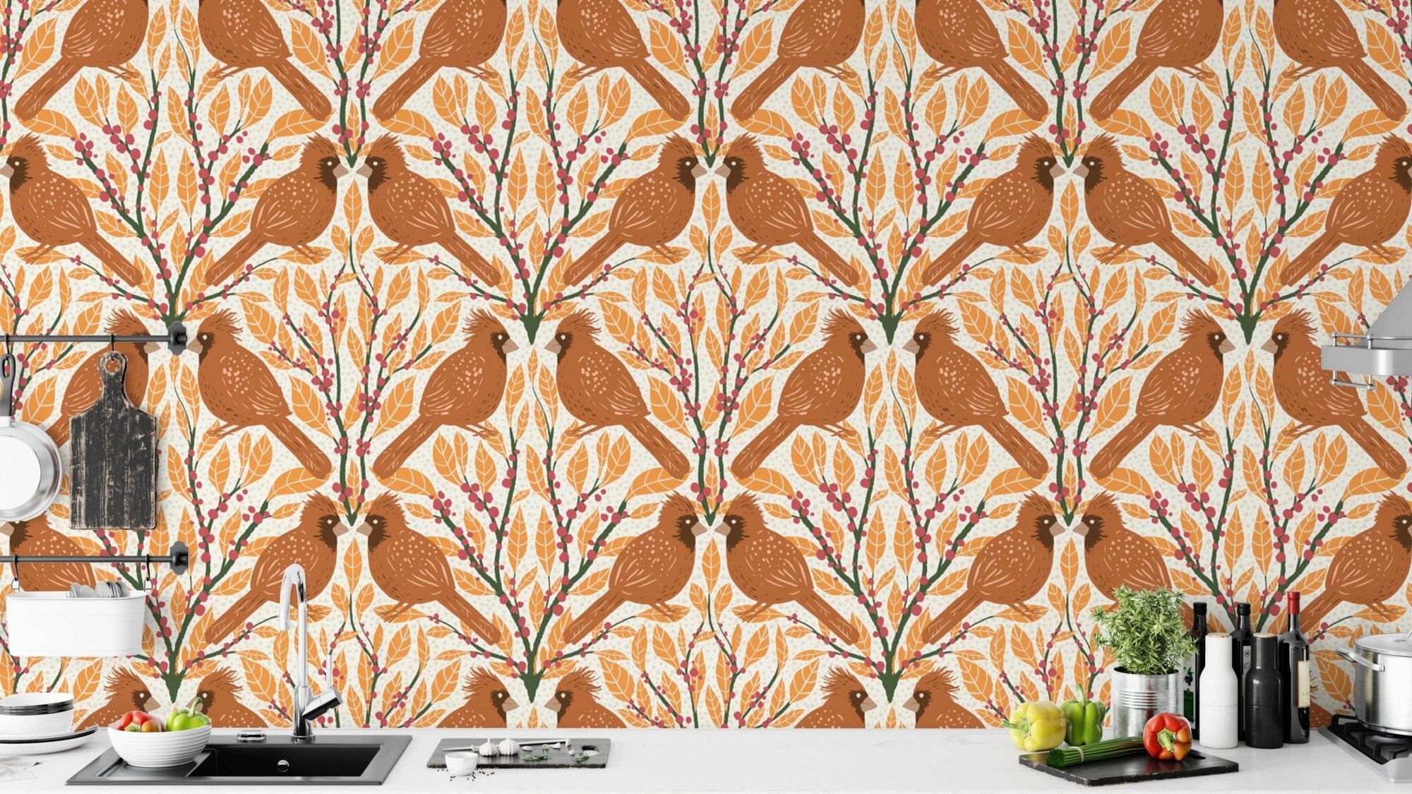 Nature-inspired yellow cardinals wallpaper for cozy living spaces. RNM17
