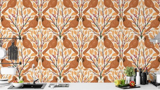 Nature-inspired yellow cardinals wallpaper for cozy living spaces. RNM17
