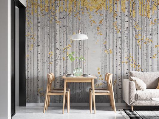 Elegant yellow leaves and gray birch trees mural B476