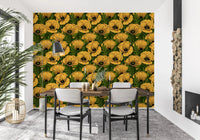 Lush blooms gather behind a kitchen-dining area with Yellow Poppy wallpaper.GD9580
