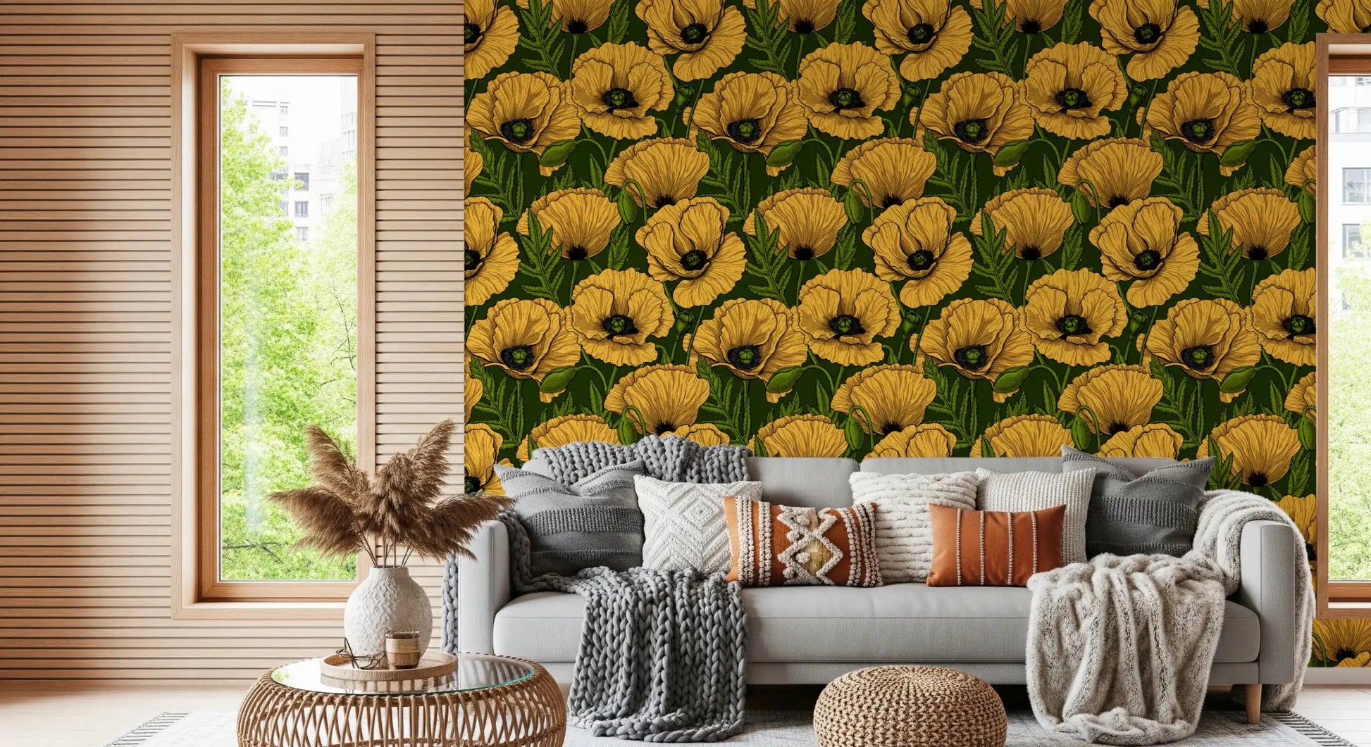 Deep forest green sits behind every flower in Poppy Garden wallpaper.GD9580