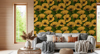 Deep forest green sits behind every flower in Poppy Garden wallpaper.GD9580