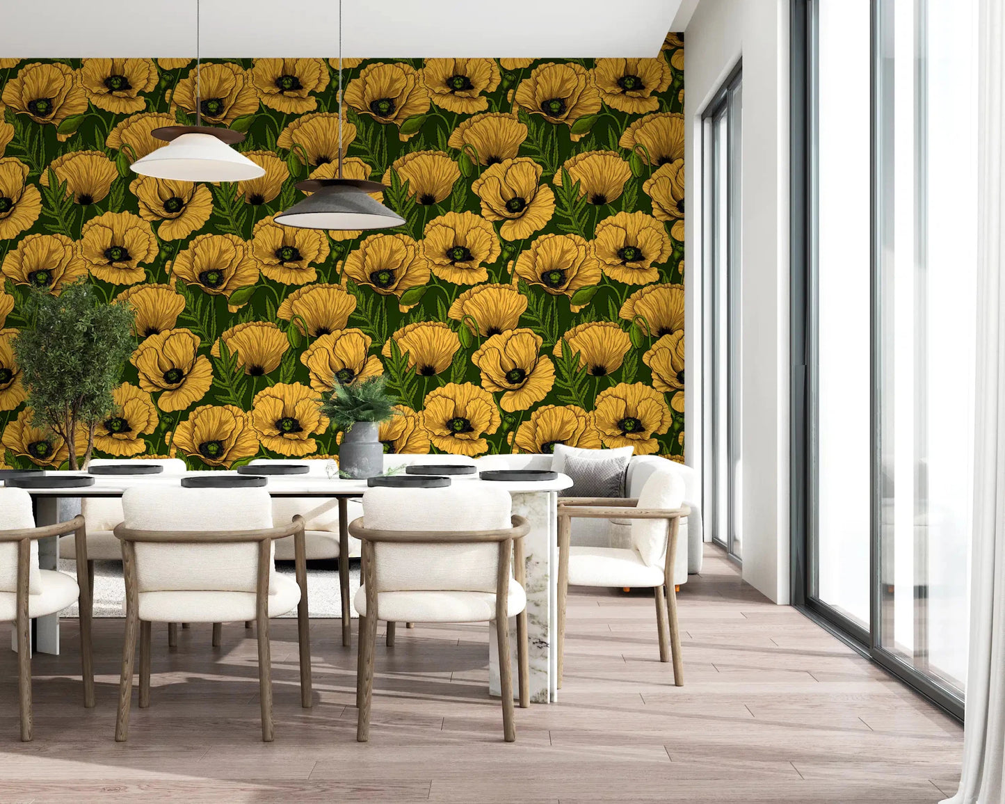 Curling buds and slim stems weave through Yellow Poppy wallpaper.GD9580