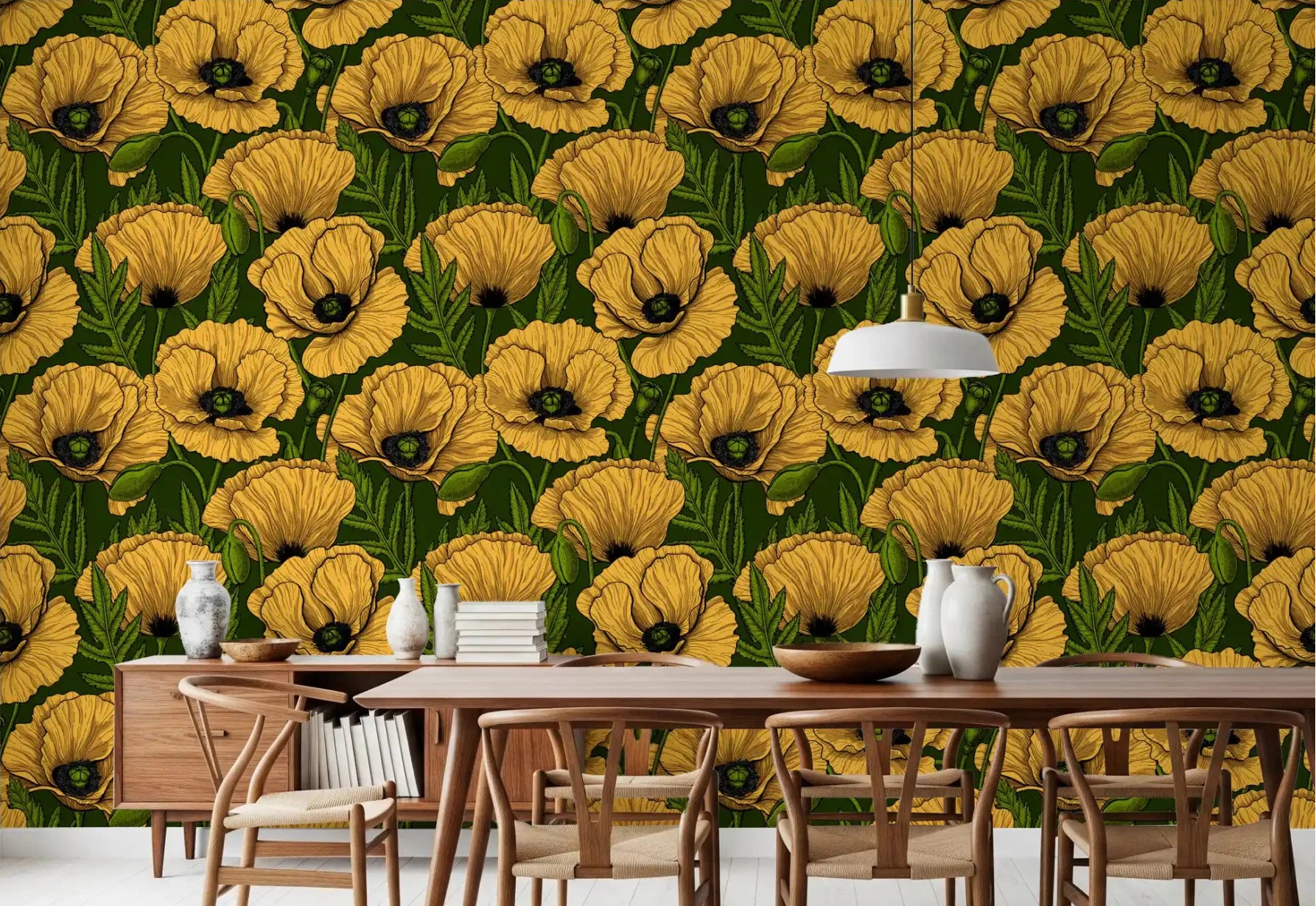 Bold yellow poppies bloom across a dining room with Yellow Poppy Garden wallpaper.GD9580