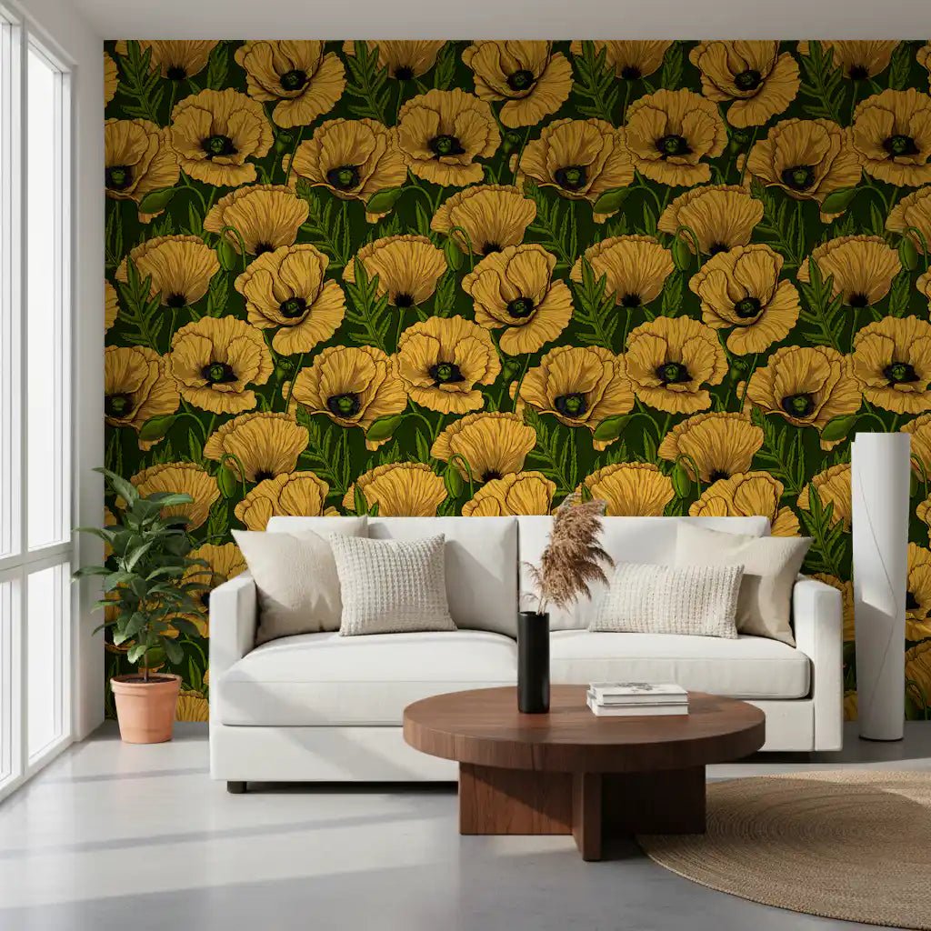 Sketched flowers fill a sitting room through Poppy Garden wallpaper panels.GD9580