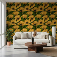 Sketched flowers fill a sitting room through Poppy Garden wallpaper panels.GD9580