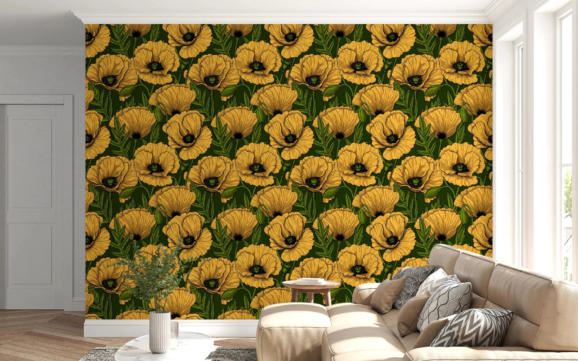 Detailed black linework shapes each petal in Yellow Poppy Garden wallpaper.GD9580