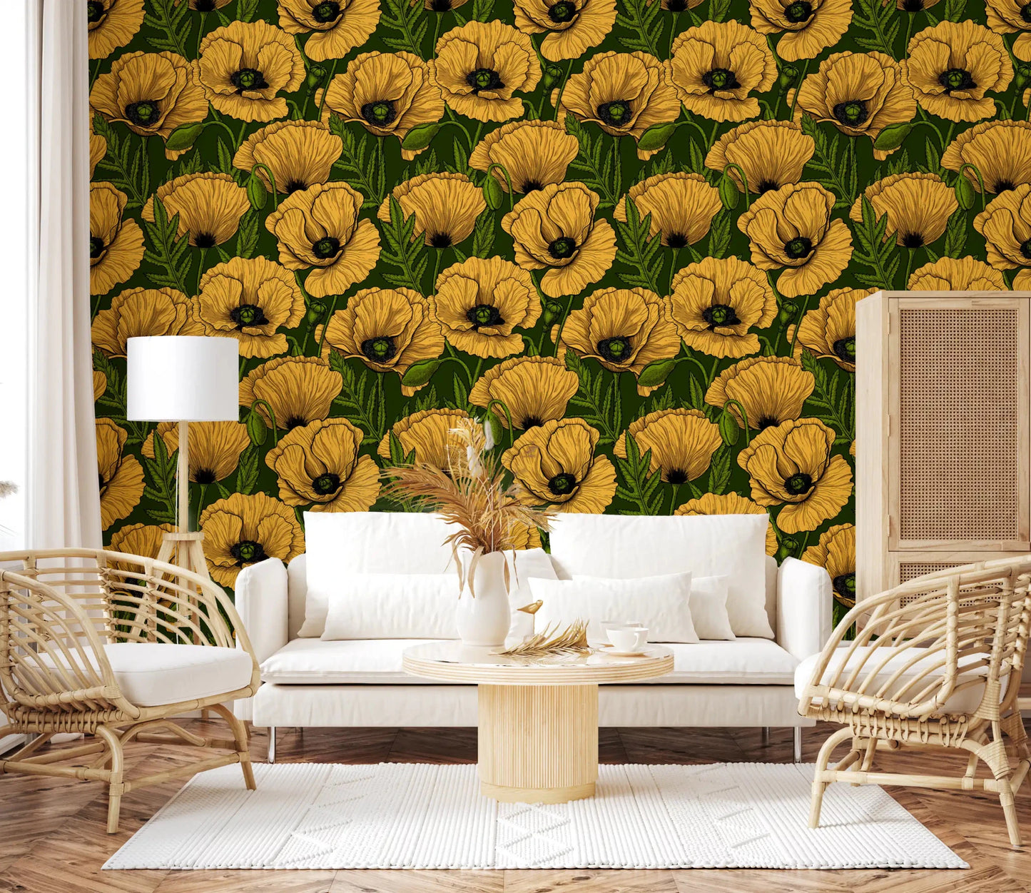 A living room glows warmly under Yellow Poppy Garden wallpaper in deep green.⁠GD9580