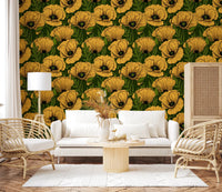 A living room glows warmly under Yellow Poppy Garden wallpaper in deep green.⁠GD9580