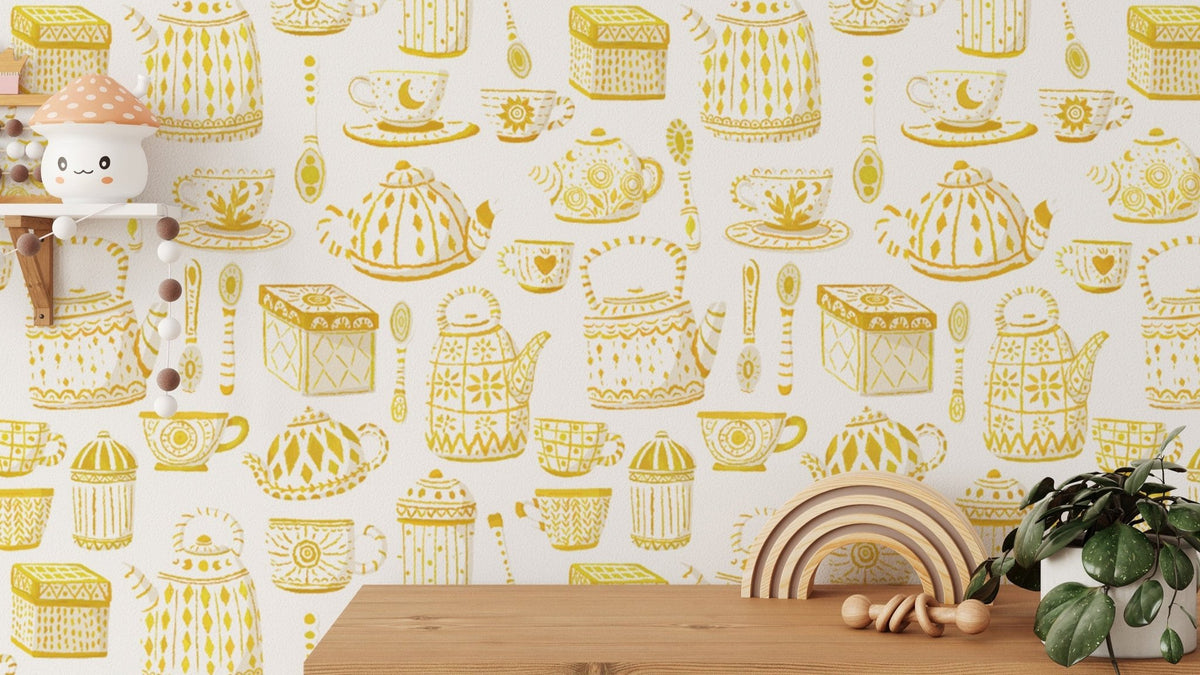 Elegant tea set wallpaper with a warm yellow backdrop. RNM97