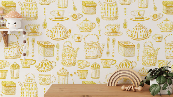 Elegant tea set wallpaper with a warm yellow backdrop. RNM97