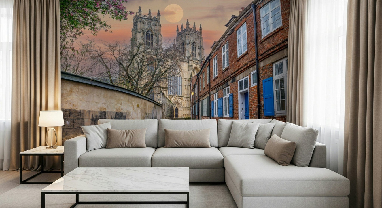 York Minster's Moonlight Glow Wall Mural in a sophisticated living room wallpaper.