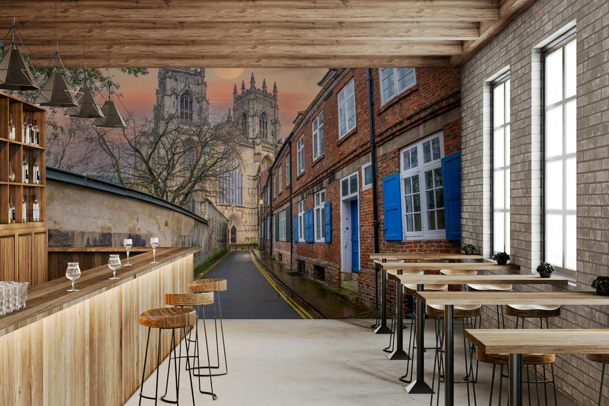 Night sky and cathedral wall mural in a minimalist guest room or study., GD3154