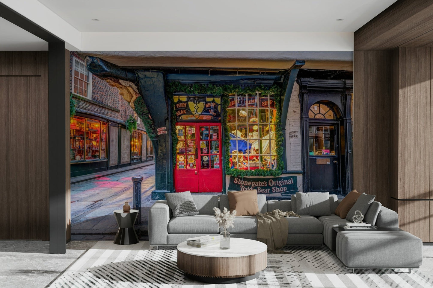 Old English street scene mural
