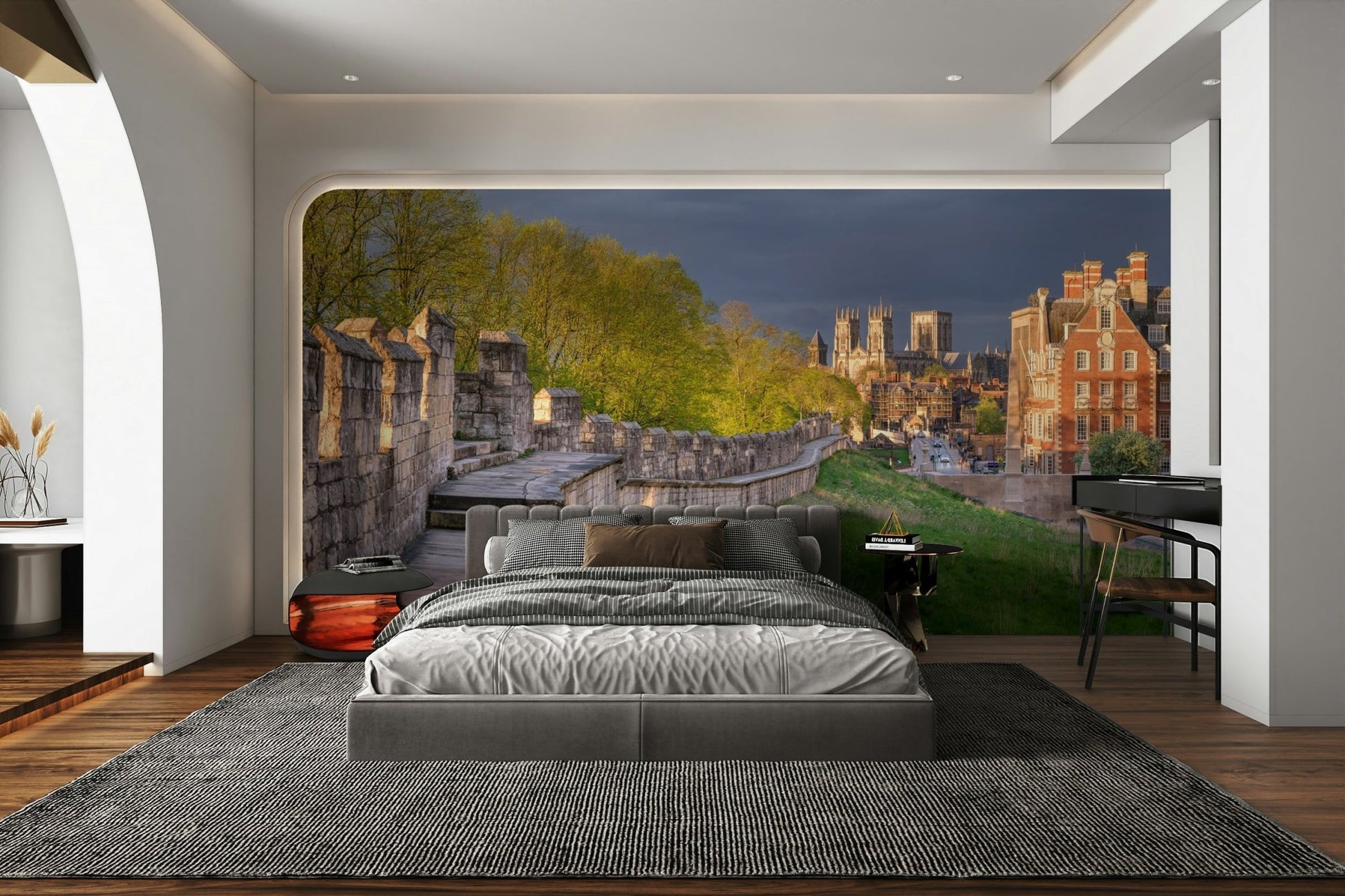 A peaceful rustic pattern mural on decorative wallpaper.

