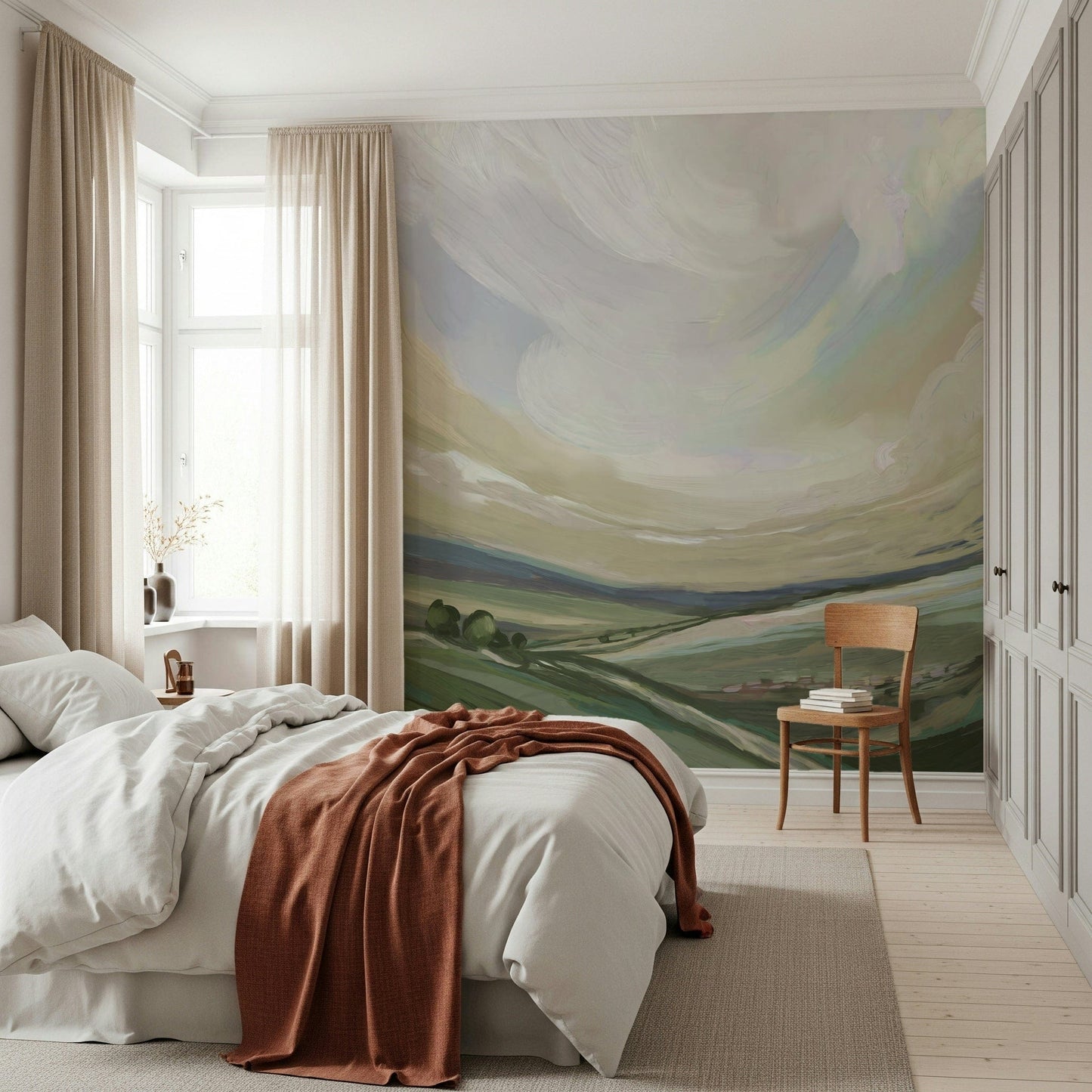 Nature inspired oil landscape painting for a home office wallpaper mural
