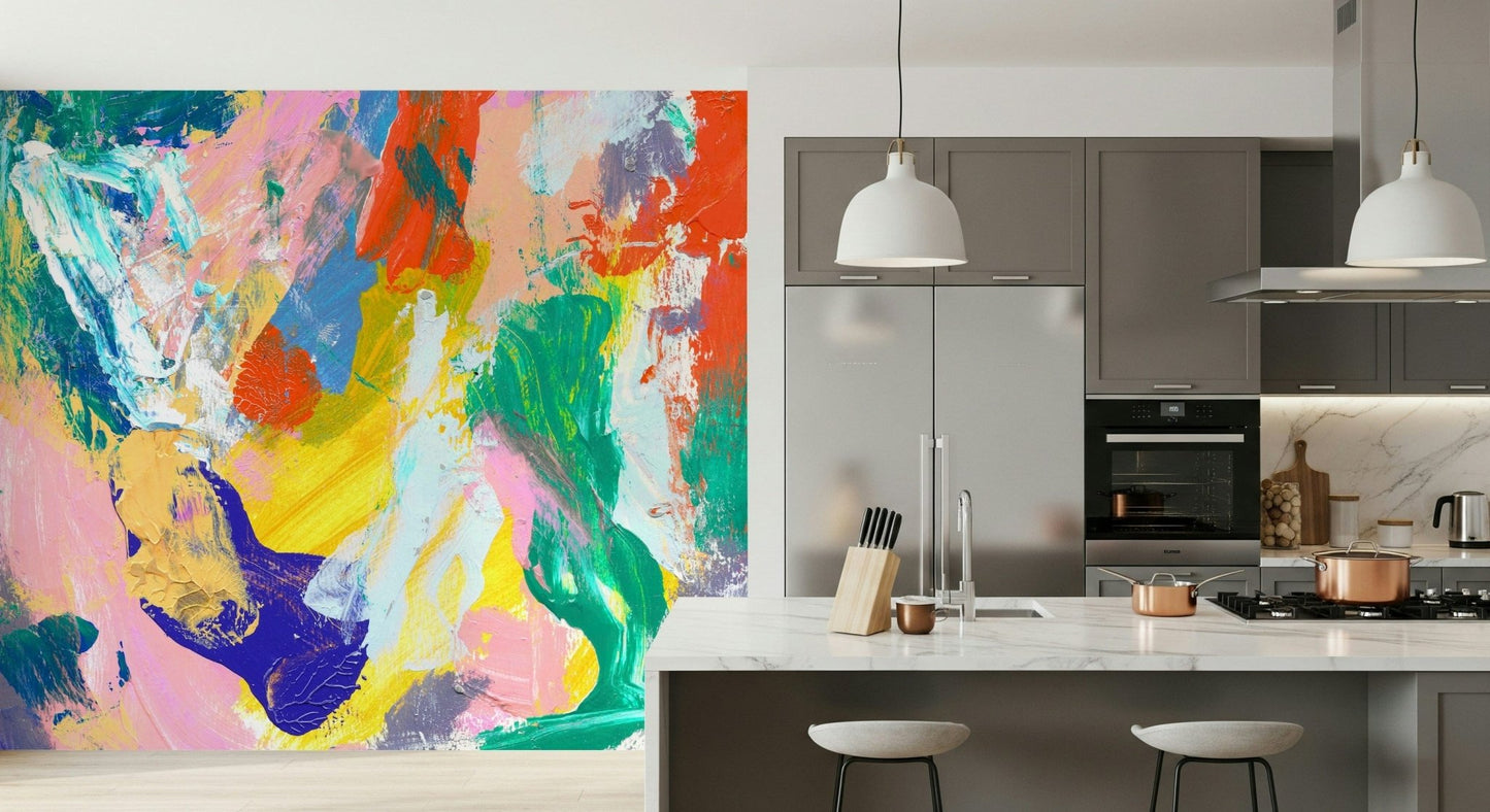 Bright blue and orange palette on a textured feature wall mural wallpaper.