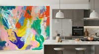 Bright blue and orange palette on a textured feature wall mural wallpaper.