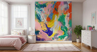 Pastel pink and bold green hues in a modern apartment hallway wall mural wallpaper.
