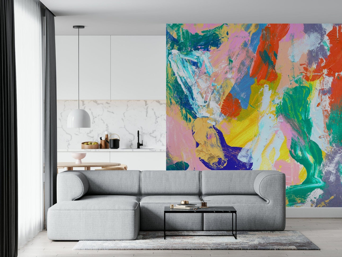 Multicolour artistic strokes in a master bedroom setting for this wall mural wallpaper.