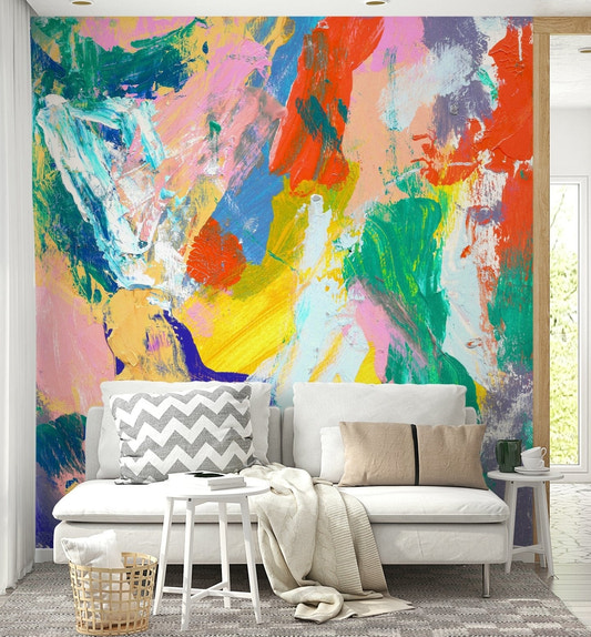 Colorful textured paint splashes wallpaper for a contemporary living room wall mural.