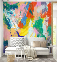 Colorful textured paint splashes wallpaper for a contemporary living room wall mural.