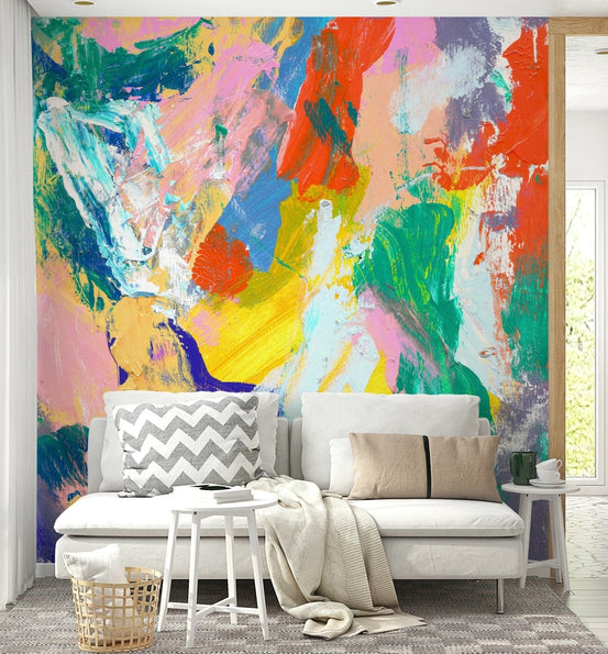 Colorful textured paint splashes wallpaper for a contemporary living room wall mural., GD5361