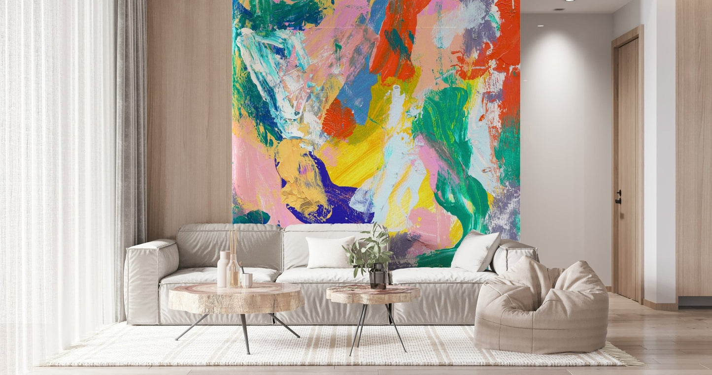 Vibrant hand-painted style wallpaper for a stylish dining area wall mural.