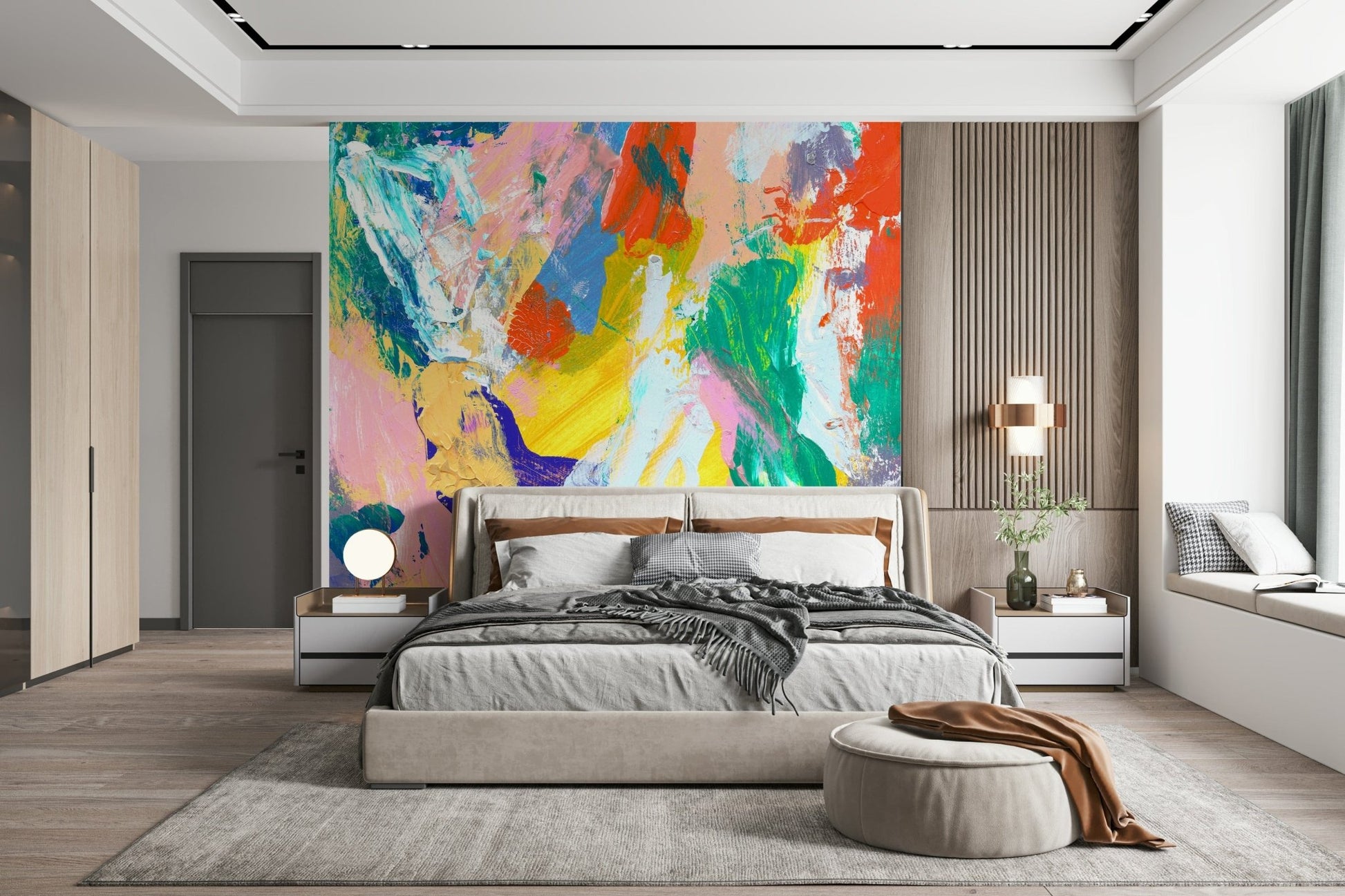 Modern abstract painting design for a kid's playroom wall mural wallpaper.
