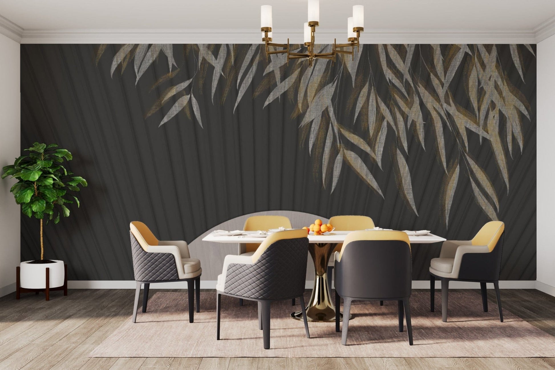 Dark botanical fan mural for modern decor
