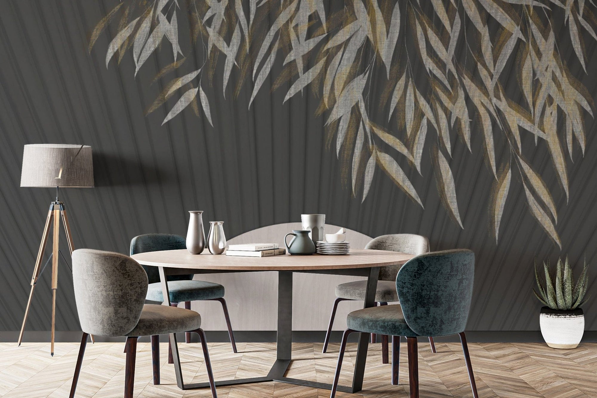 Elegant black fan wallpaper with gold leaves B659

