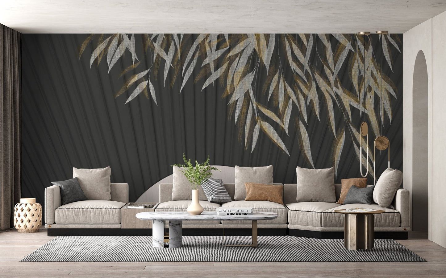 Stylish dark wallpaper with golden foliage
