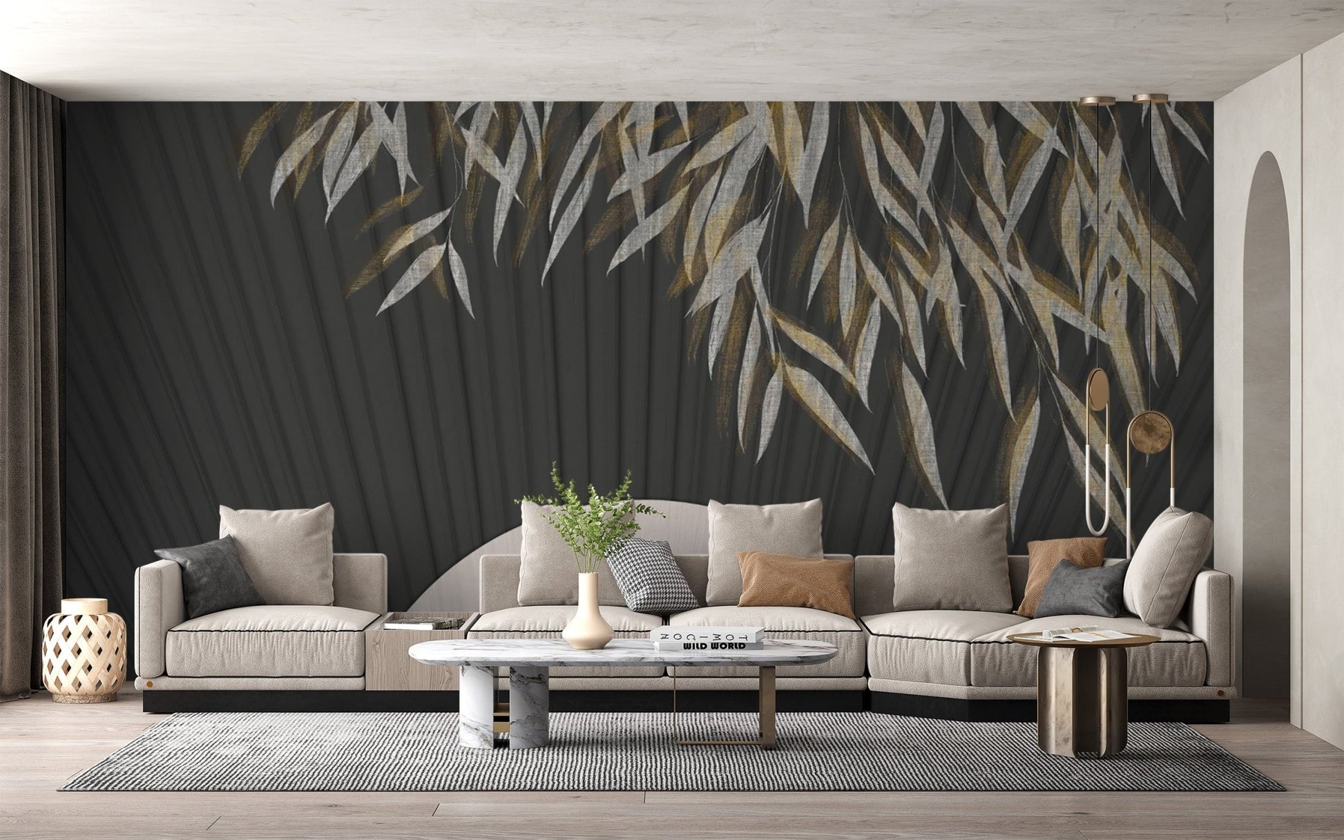 Stylish dark wallpaper with golden foliage
