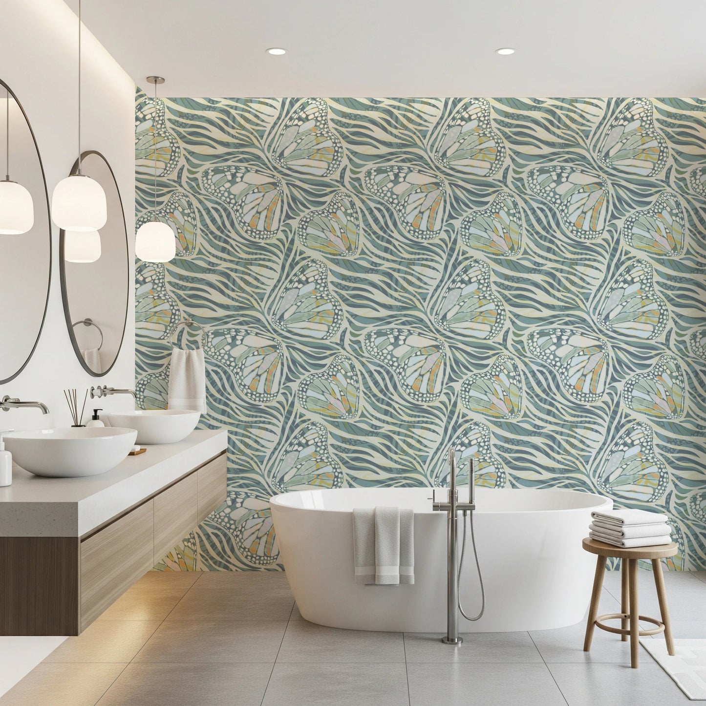 Fresh green boho wallpaper with detailed wing art., GD8417
