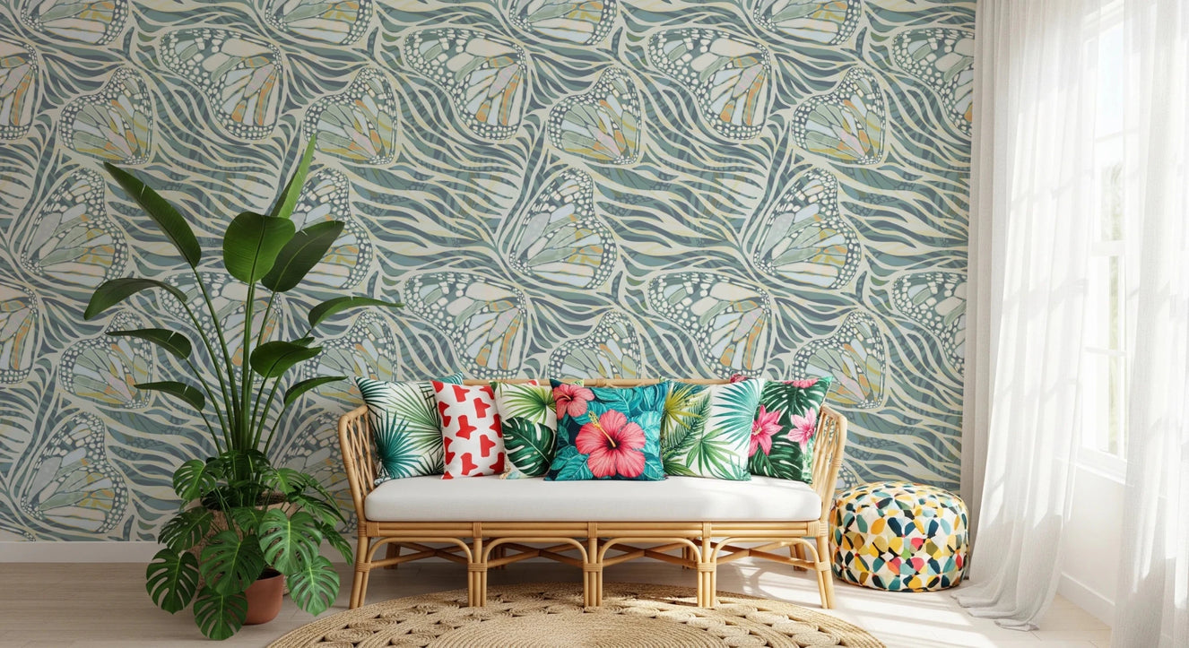Green pastel wallpaper with butterfly and zebra print.