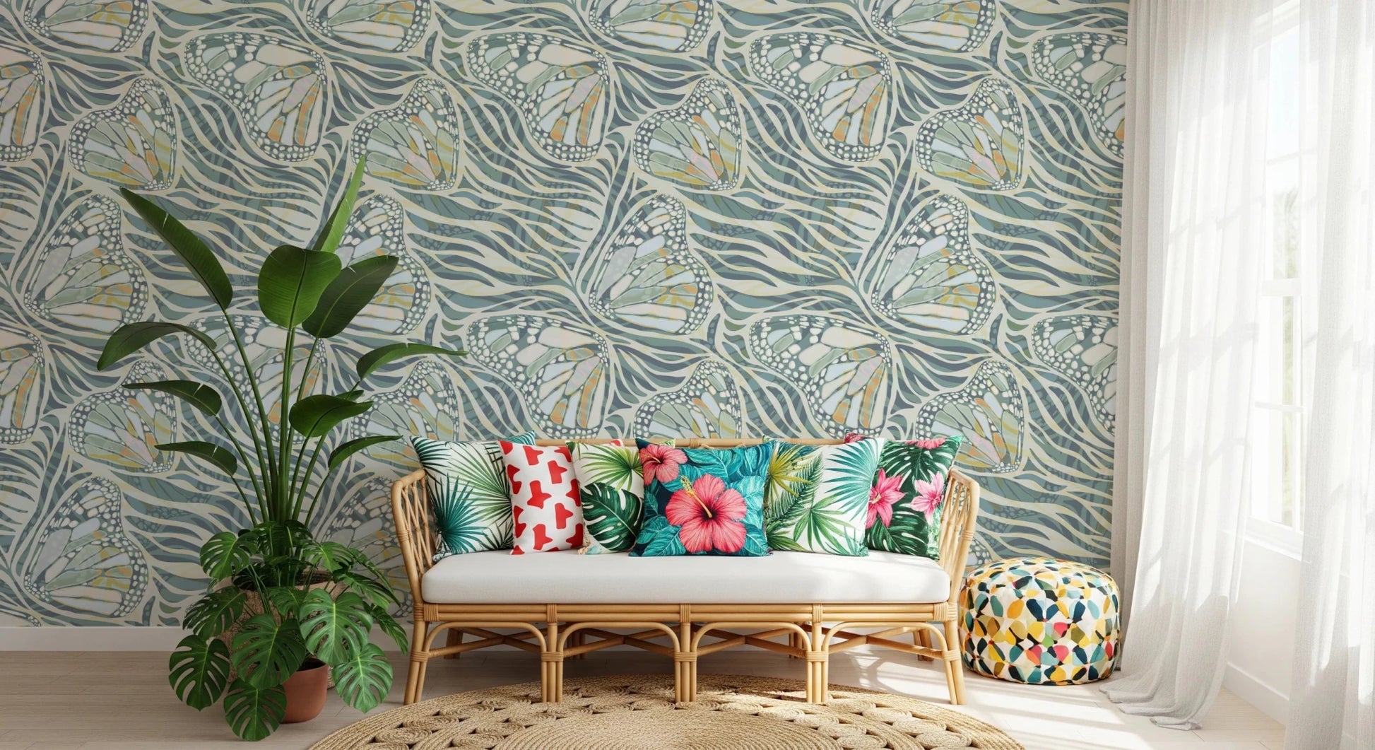 Green pastel wallpaper with butterfly and zebra print., GD8417