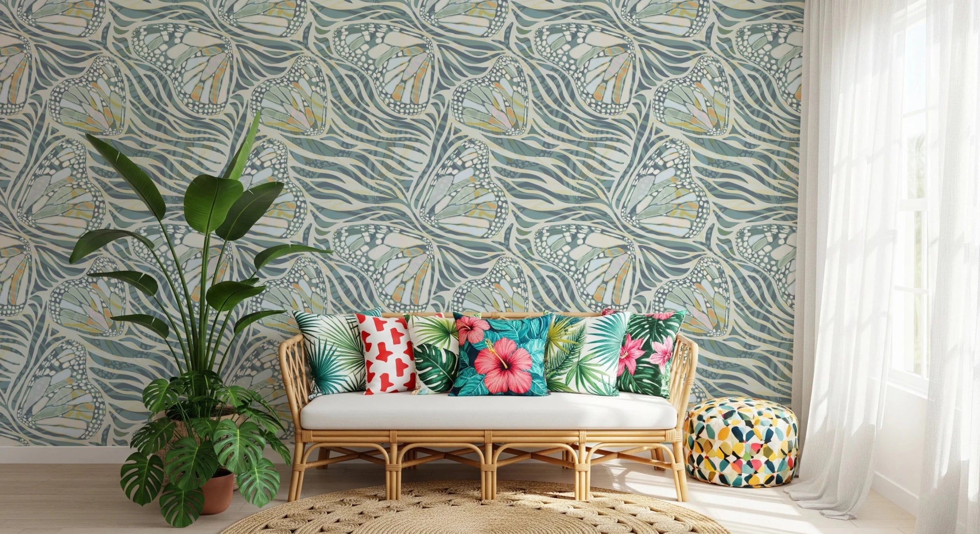 Green pastel wallpaper with butterfly and zebra print., GD8417