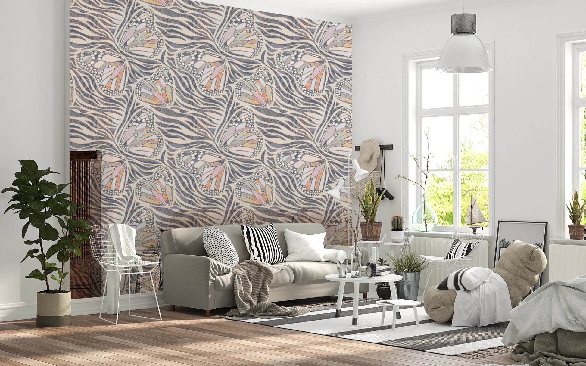 Boho style wallpaper with neutral butterfly wings., GD8416