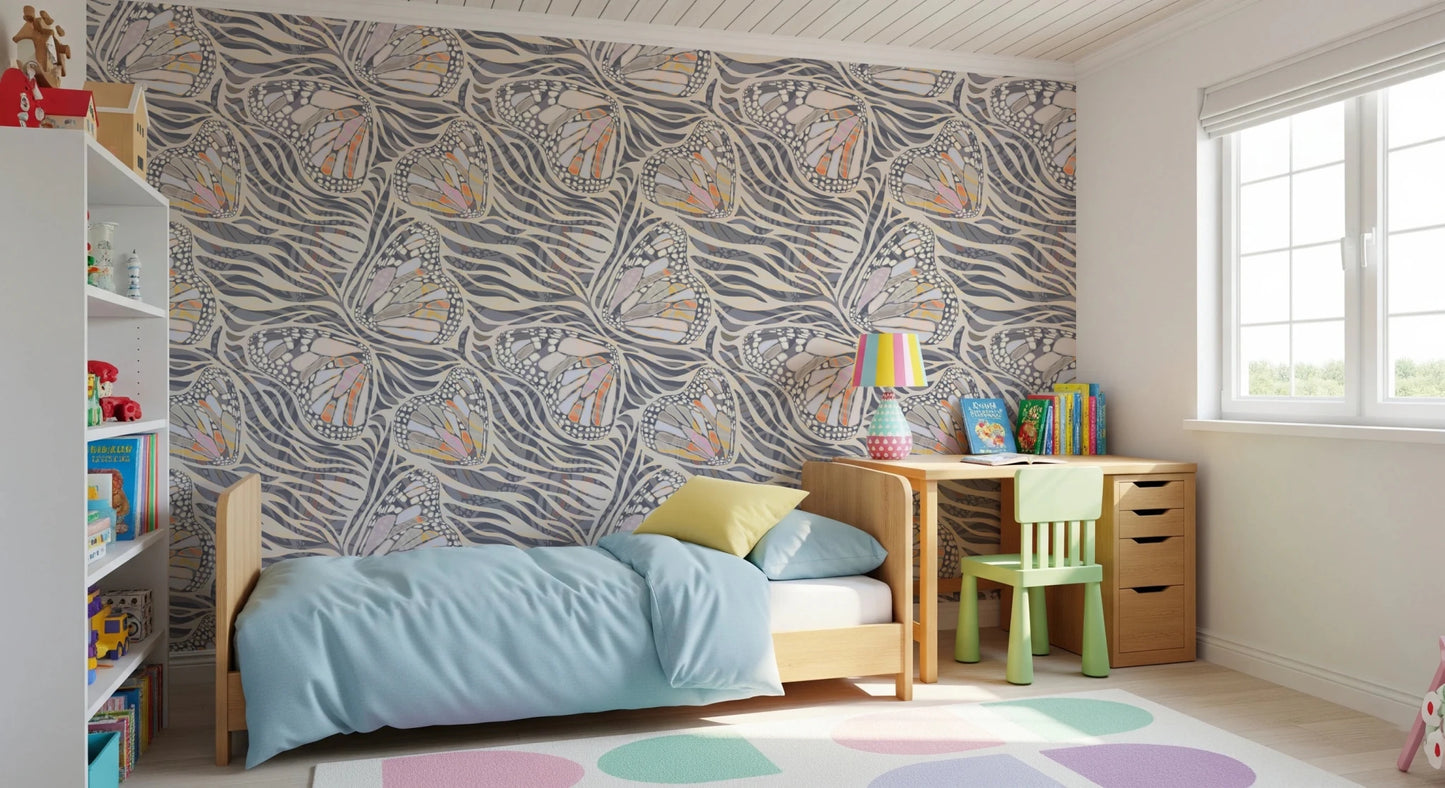 Maximalist boho wallpaper with taupe butterfly motifs., GD8416