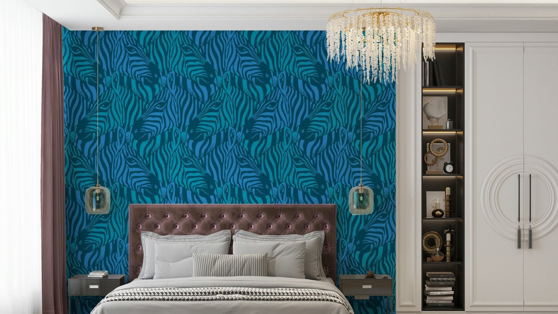 The colors are soft, muted tones of turquoise, blue, and teal.

