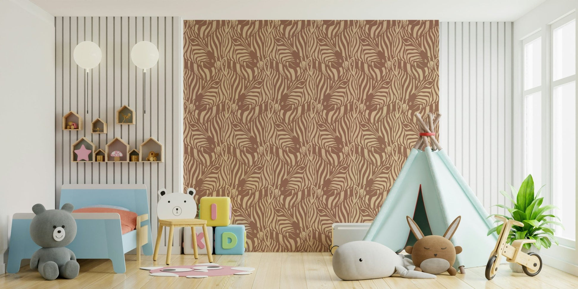 A wall mural of a zebra herd with artistic stripes. GD3558

